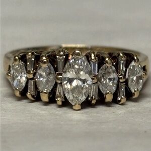 14k Gold Ring Size 6 - 5 Marquis Diamonds over CT 3.5mm 3.2g #5595